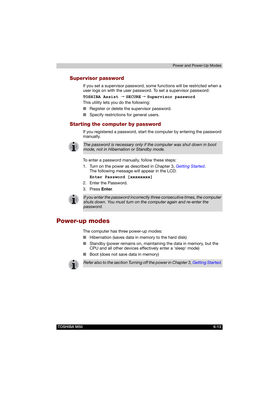 Supervisor password, Starting the computer by password, Power-up modes | Power-up modes -13 | Toshiba Satellite M50 (PSM53) User Manual | Page 120 / 179