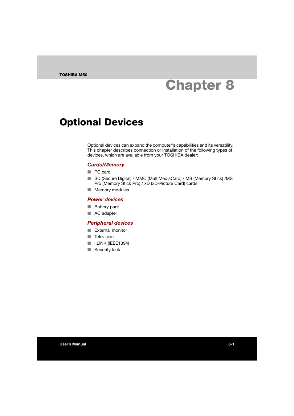 Chapter 8: optional devices, Chapter 8 optional devices, Optional devices | Optional, Devices, Chapter 8 | Toshiba Satellite M50 (PSM53) User Manual | Page 126 / 179