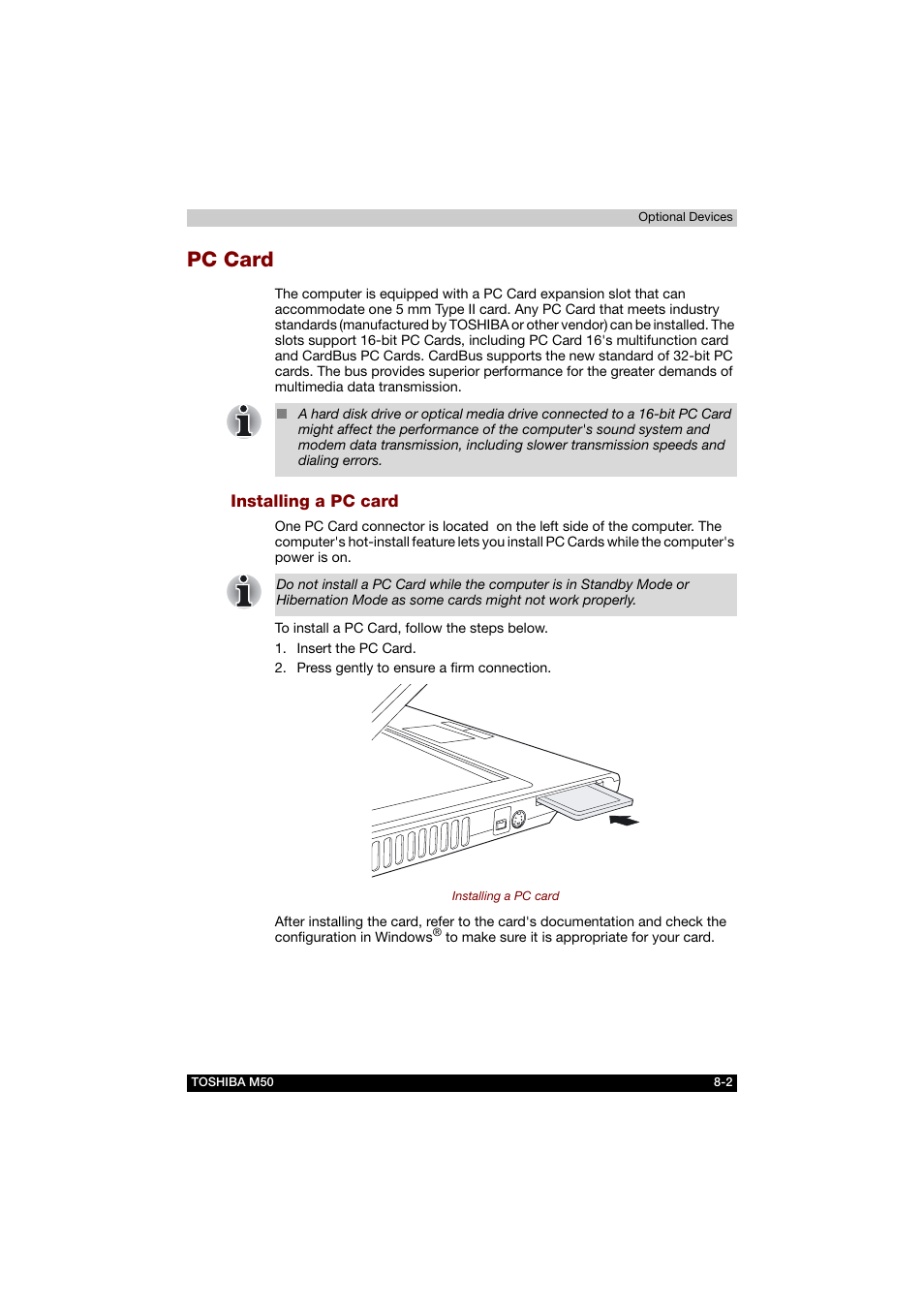 Pc card, Installing a pc card, Pc card -2 | Toshiba Satellite M50 (PSM53) User Manual | Page 127 / 179