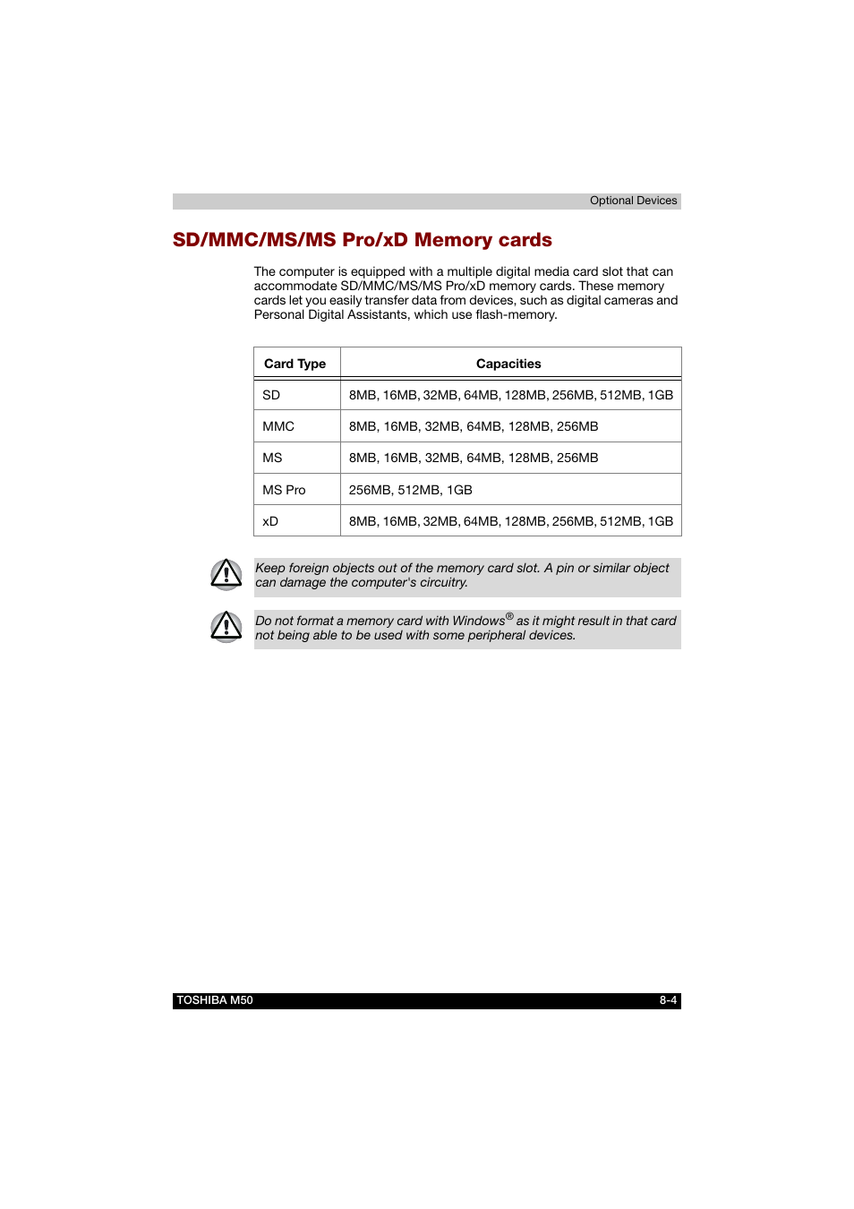 Sd/mmc/ms/ms pro/xd memory cards, Sd/mmc/ms/ms pro/xd memory cards -4 | Toshiba Satellite M50 (PSM53) User Manual | Page 129 / 179