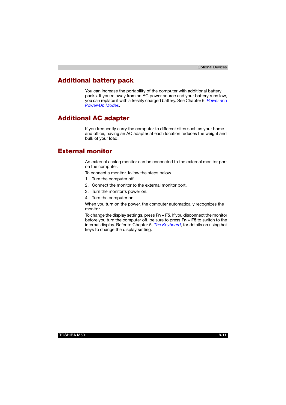 Additional battery pack, Additional ac adapter, External monitor | Toshiba Satellite M50 (PSM53) User Manual | Page 136 / 179