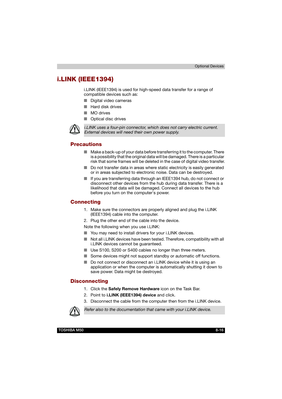 I.link (ieee1394), Precautions, Connecting | Disconnecting, I.link (ieee1394) -16 | Toshiba Satellite M50 (PSM53) User Manual | Page 141 / 179