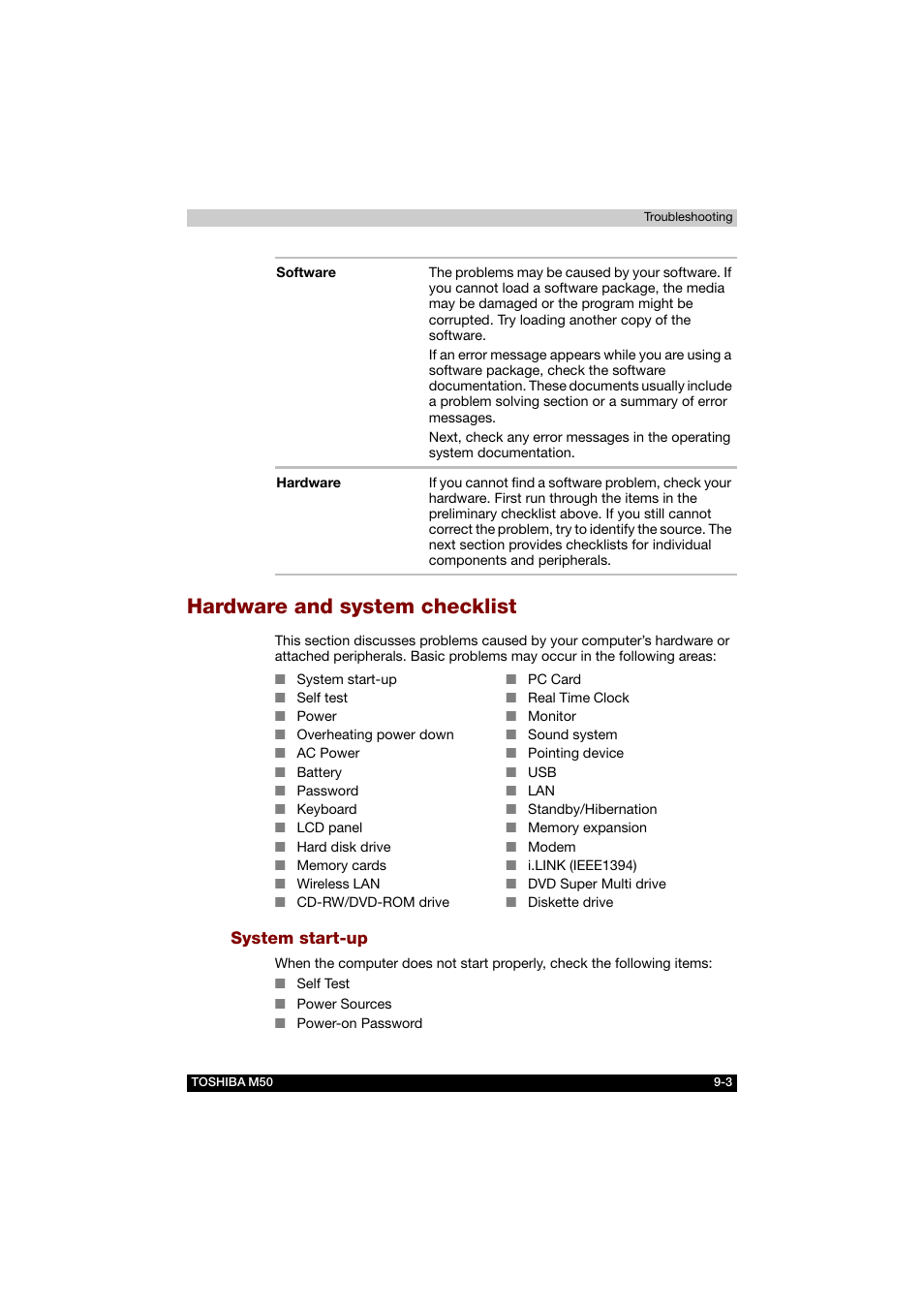 Hardware and system checklist, System start-up, Hardware and system checklist -3 | Toshiba Satellite M50 (PSM53) User Manual | Page 145 / 179