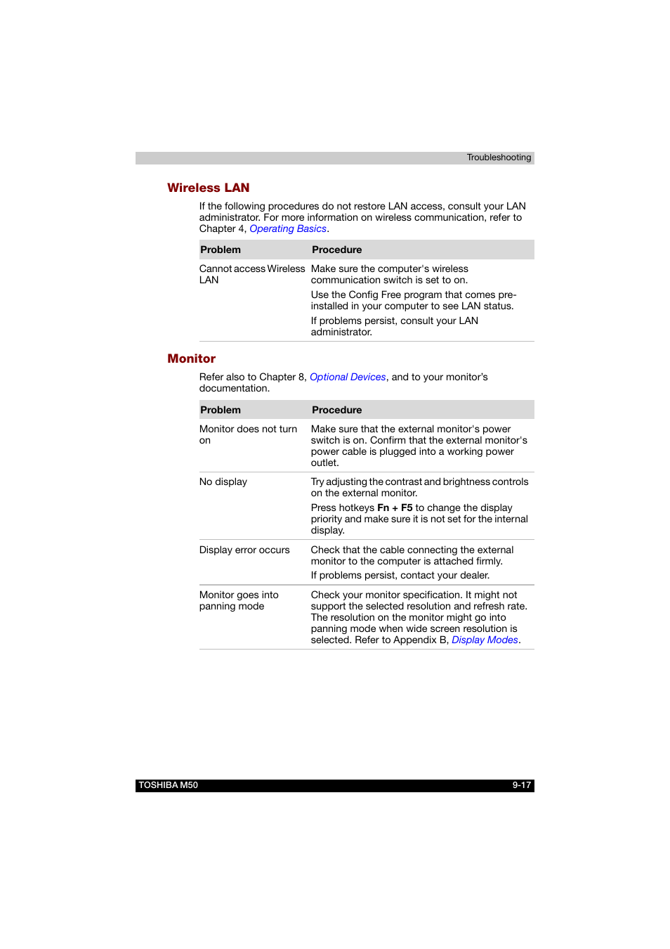 Wireless lan, Monitor | Toshiba Satellite M50 (PSM53) User Manual | Page 159 / 179