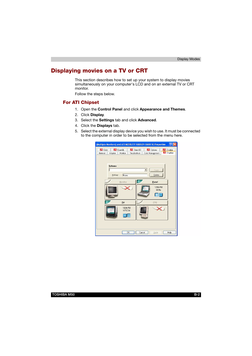 Displaying movies on a tv or crt, For ati chipset | Toshiba Satellite M50 (PSM53) User Manual | Page 164 / 179