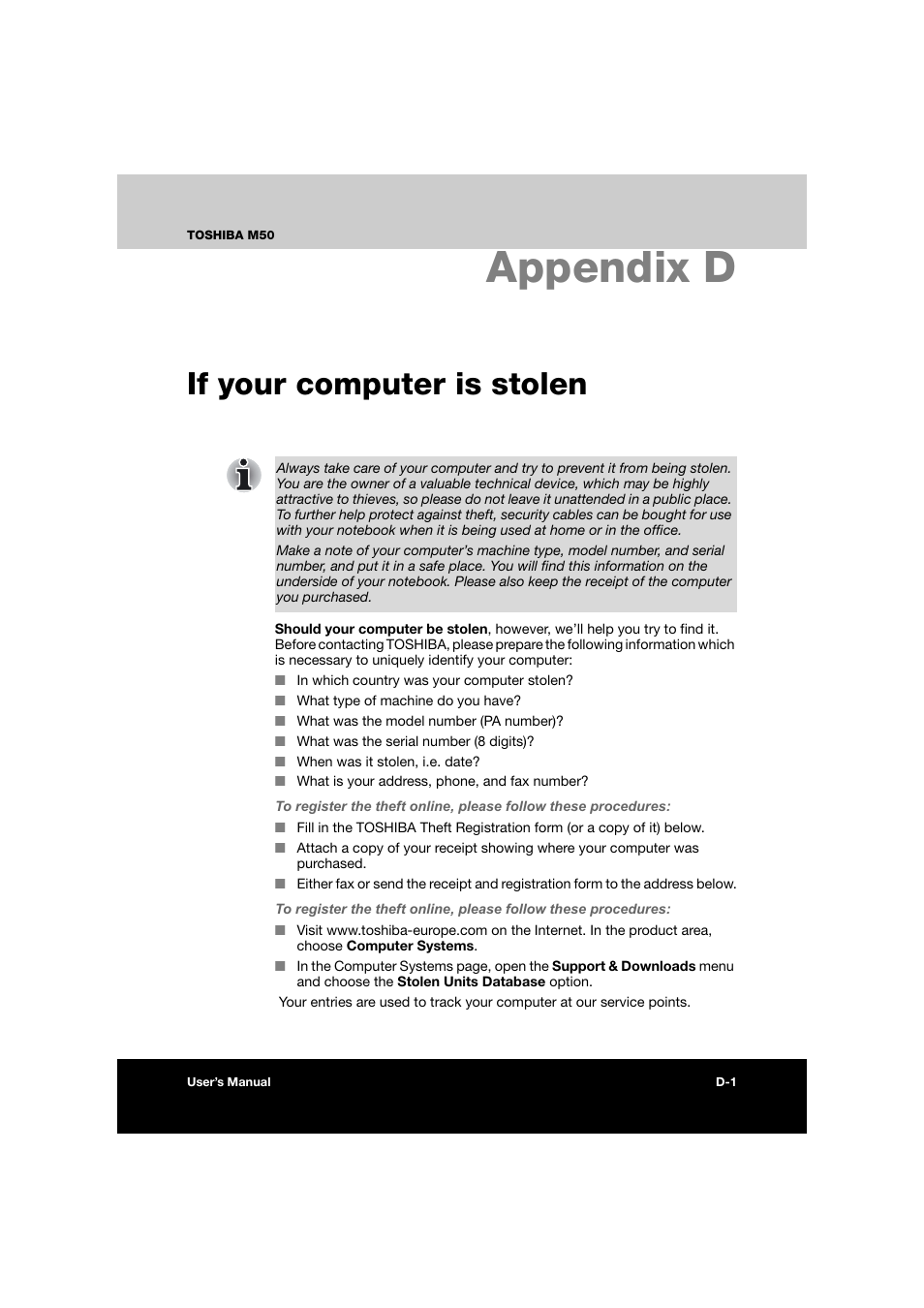 Appendix d: if your computer is stolen, Appendix d if your computer is stolen, Appendix d | If your computer is stolen | Toshiba Satellite M50 (PSM53) User Manual | Page 170 / 179