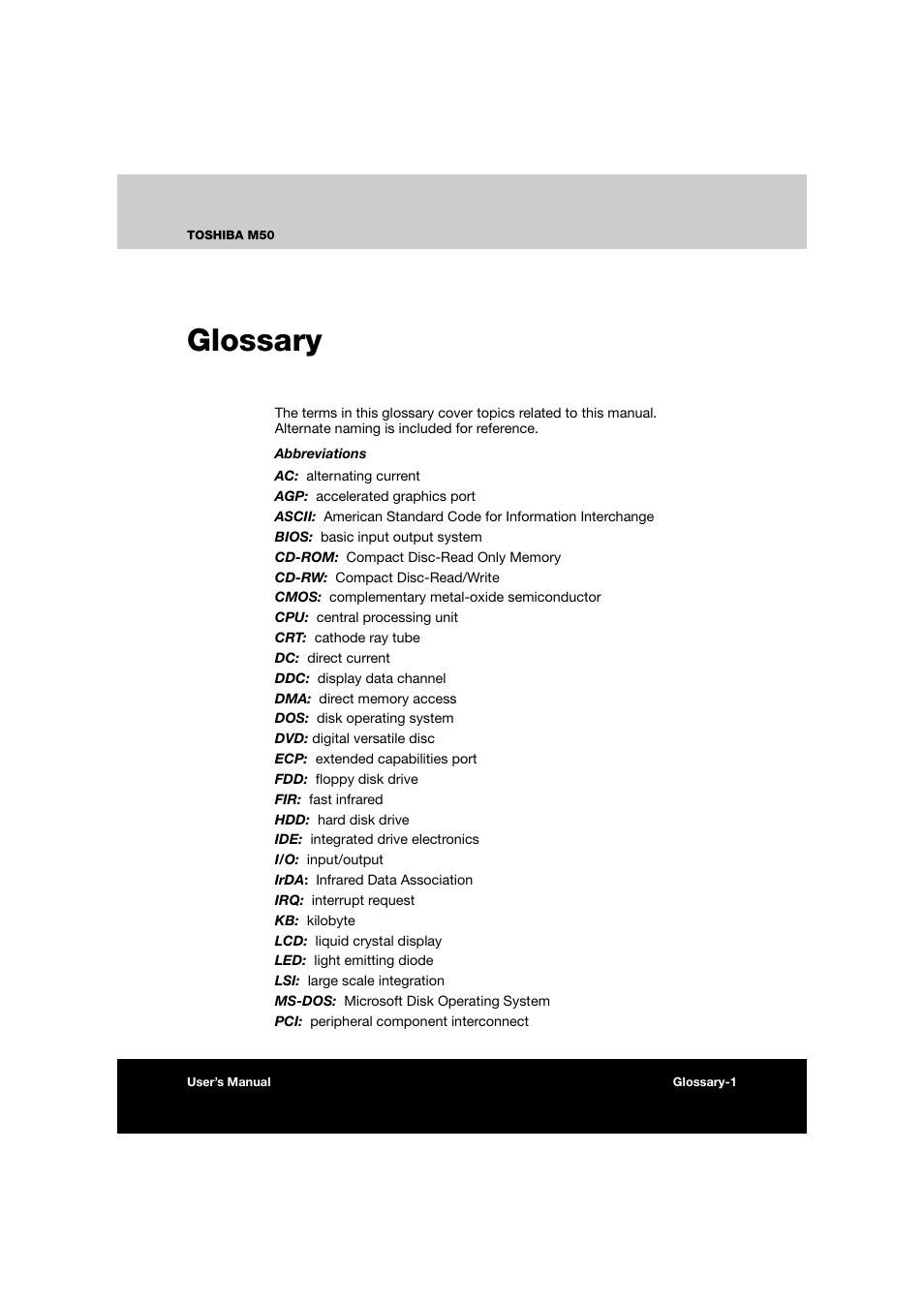 Glossary, The glossary defines gene | Toshiba Satellite M50 (PSM53) User Manual | Page 172 / 179