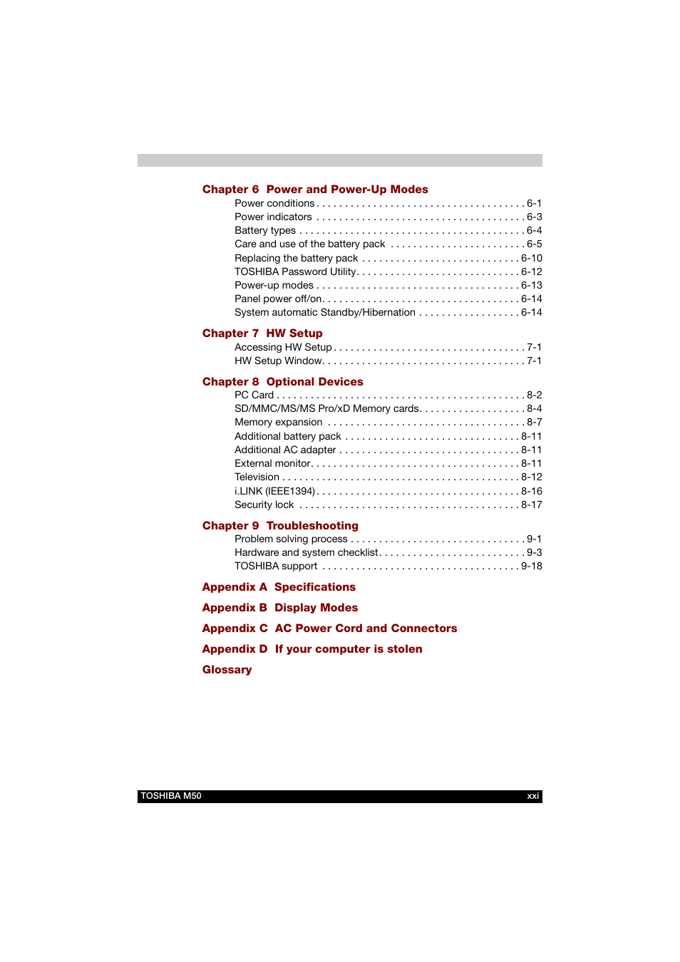 Power and power-up modes, Hw setup, Optional devices | Troubleshooting, Specifications, Display modes, Ac power cord and connectors, If your computer is stolen, Glossary | Toshiba Satellite M50 (PSM53) User Manual | Page 21 / 179