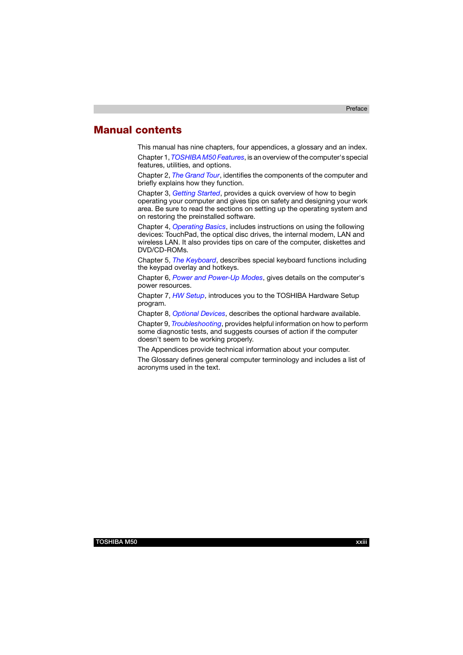 Manual contents | Toshiba Satellite M50 (PSM53) User Manual | Page 23 / 179