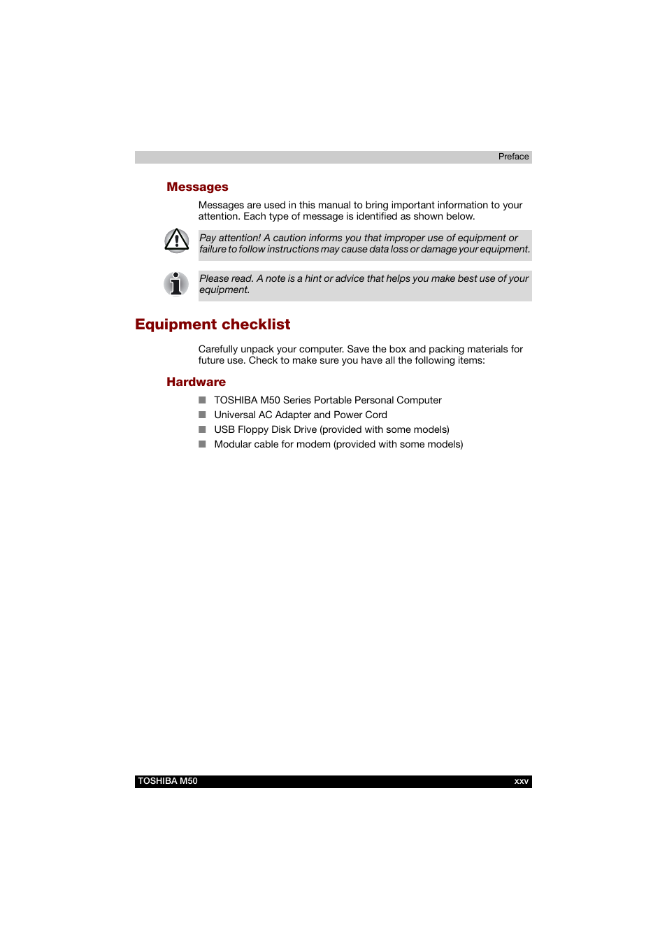 Messages, Hardware, Equipment checklist | Toshiba Satellite M50 (PSM53) User Manual | Page 25 / 179