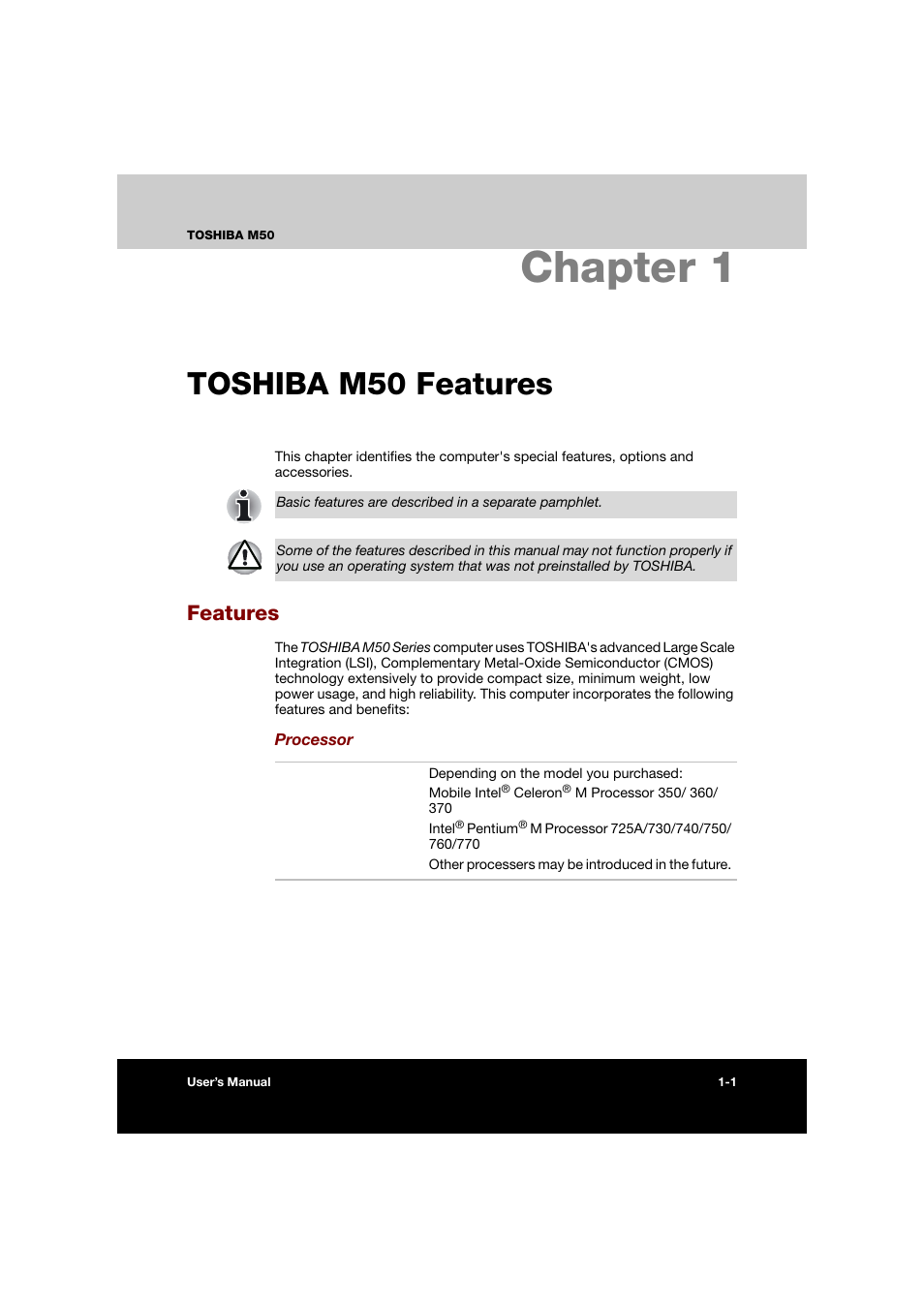 Chapter 1: toshiba m50 features, Features, Chapter 1 toshiba m50 features | Features -1, Toshiba m50 features, Chapter 1 | Toshiba Satellite M50 (PSM53) User Manual | Page 28 / 179