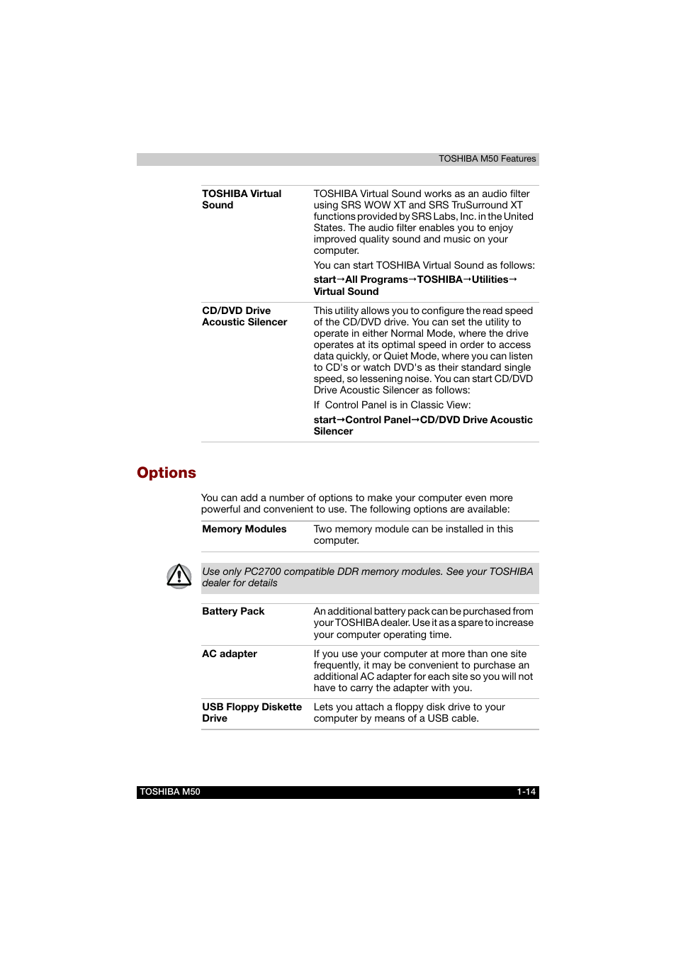 Options, Options -14 | Toshiba Satellite M50 (PSM53) User Manual | Page 41 / 179