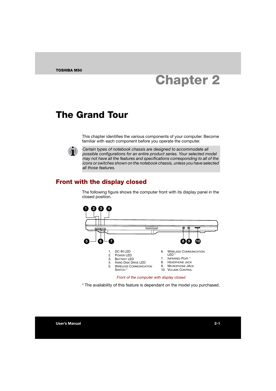 Chapter 2: the grand tour, Front with the display closed, Chapter 2 the grand tour | Front with the display closed -1, The grand tour, Chapter 2 | Toshiba Satellite M50 (PSM53) User Manual | Page 42 / 179