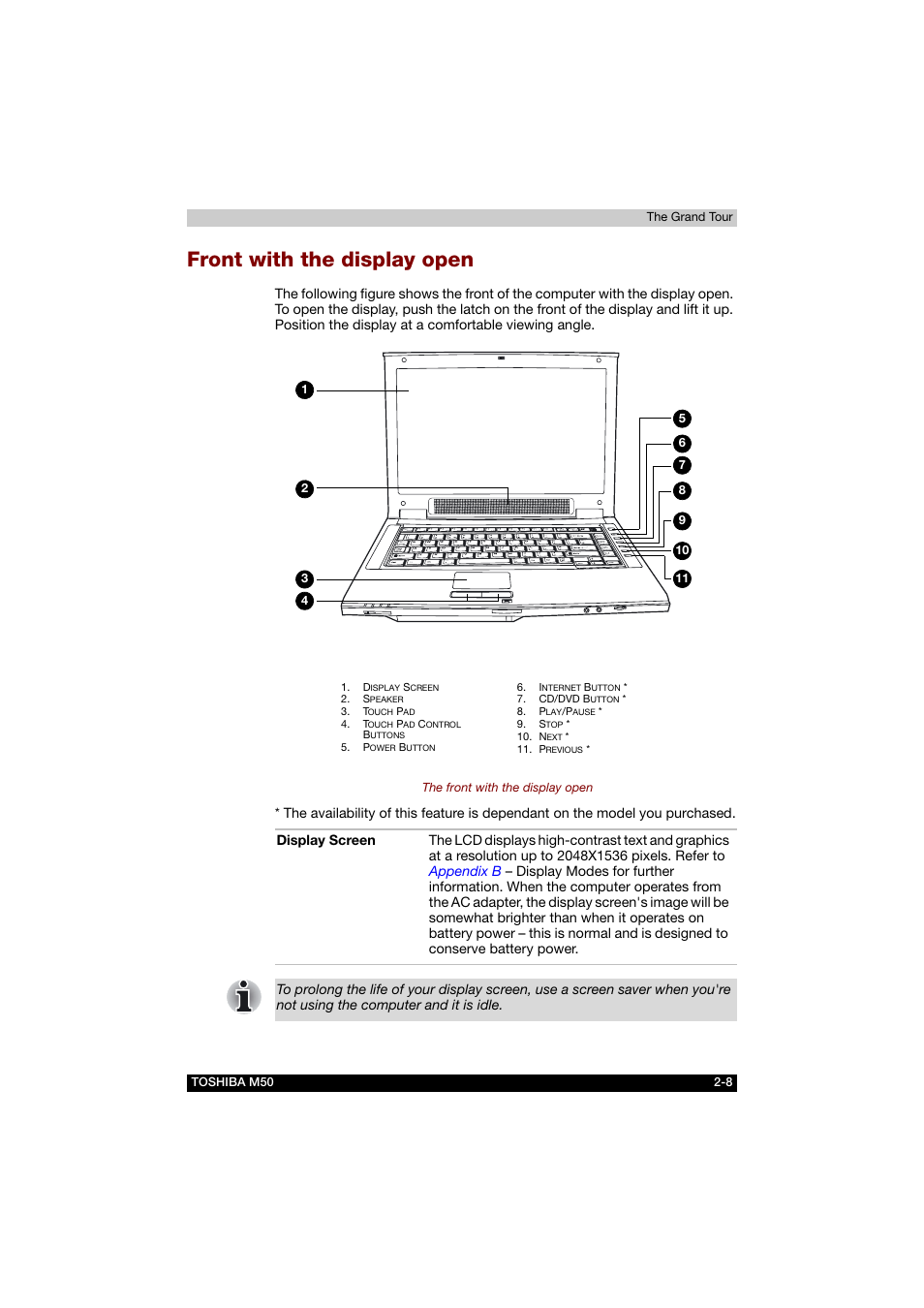 Front with the display open, Front with the display open -8 | Toshiba Satellite M50 (PSM53) User Manual | Page 49 / 179