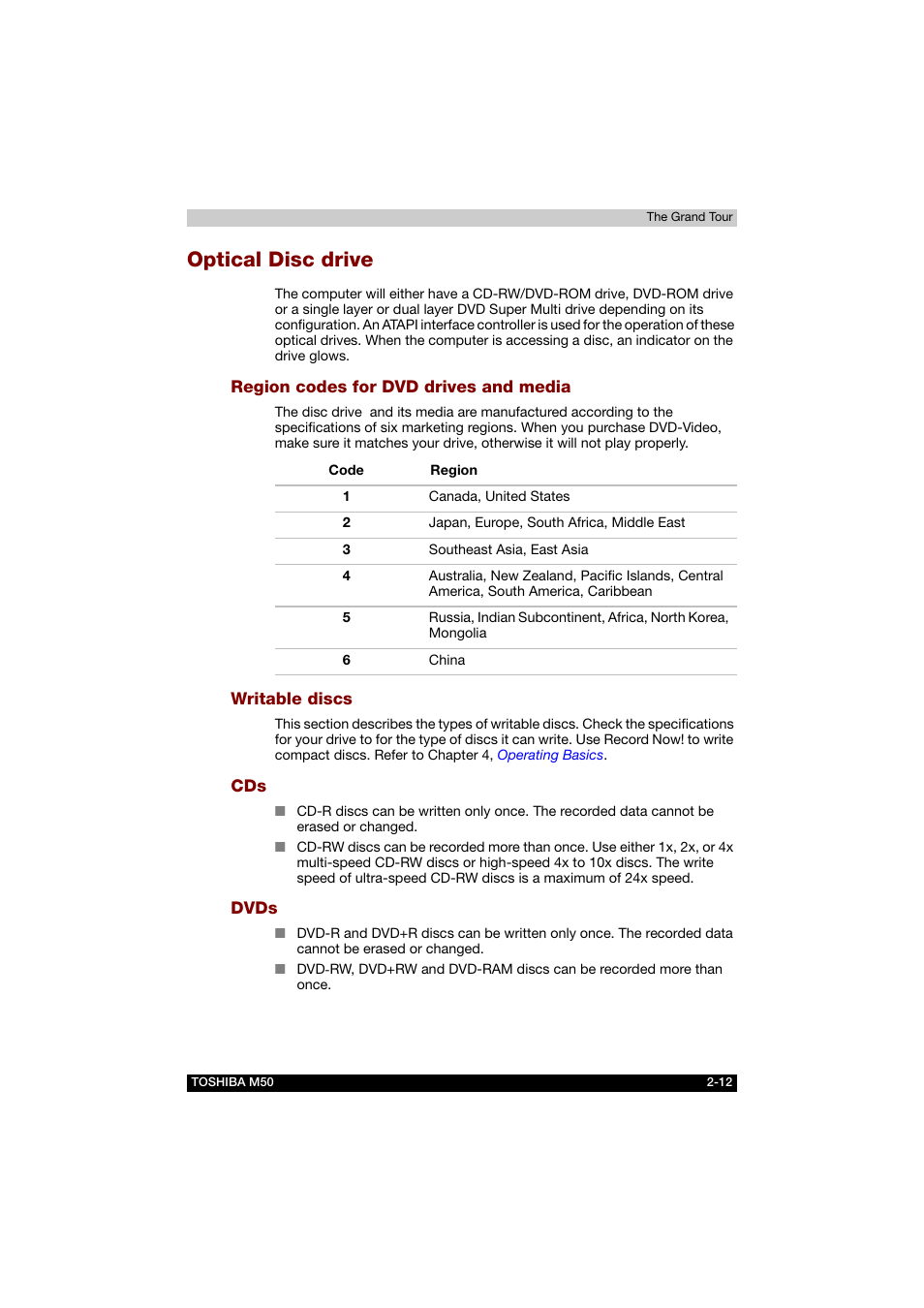 Optical disc drive, Region codes for dvd drives and media, Writable discs | Dvds, Optical disc drive -12 | Toshiba Satellite M50 (PSM53) User Manual | Page 53 / 179