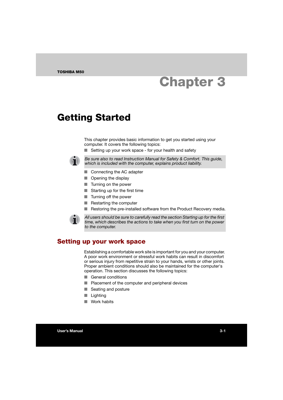 Chapter 3: getting started, Setting up your work space, Chapter 3 getting started | Setting up your work space -1, Getting started, For step-by-step, Getting, Started, Chapter 3 | Toshiba Satellite M50 (PSM53) User Manual | Page 56 / 179