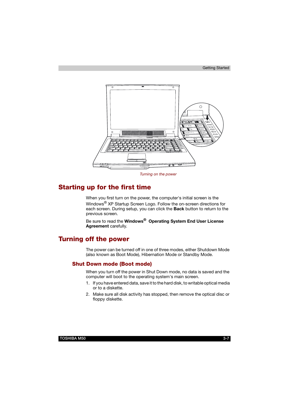 Starting up for the first time, Turning off the power, Shut down mode (boot mode) | Turning, Off the power | Toshiba Satellite M50 (PSM53) User Manual | Page 62 / 179