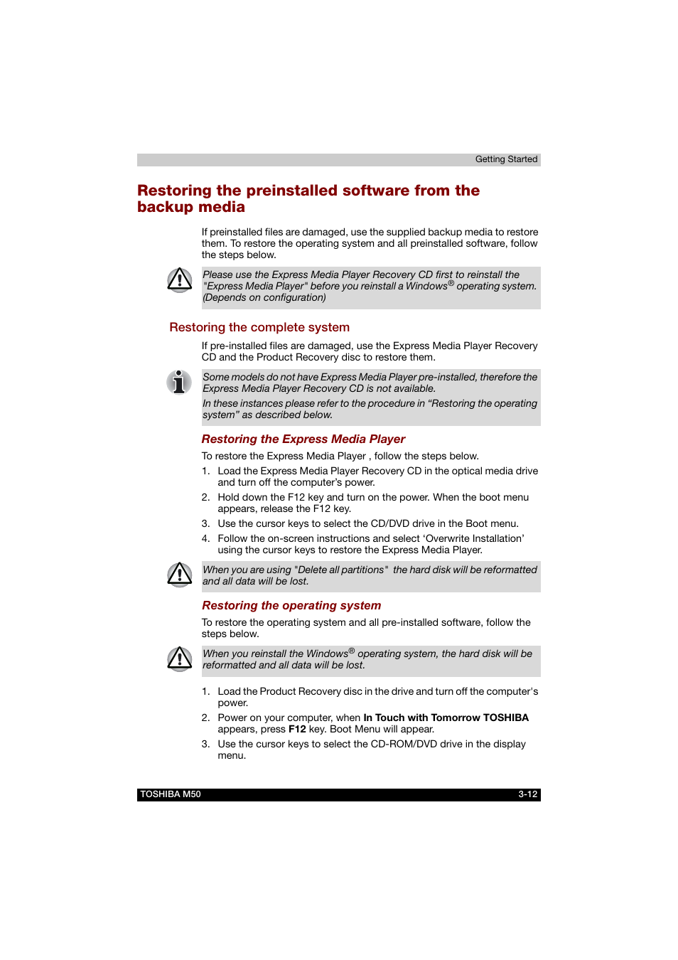 Restoring the complete system | Toshiba Satellite M50 (PSM53) User Manual | Page 67 / 179