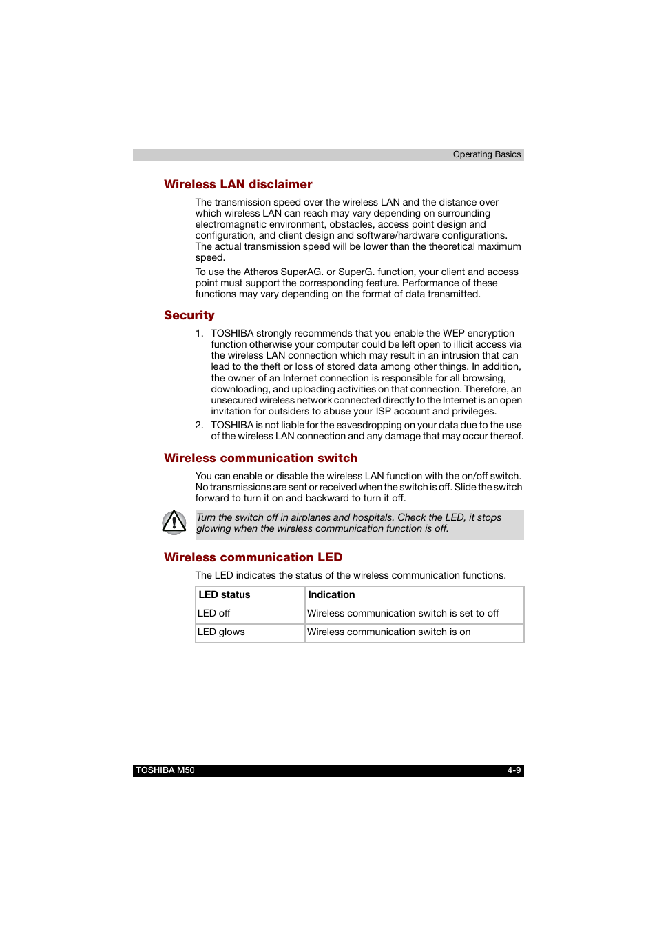 Wireless lan disclaimer, Security, Wireless communication switch | Wireless communication led | Toshiba Satellite M50 (PSM53) User Manual | Page 77 / 179