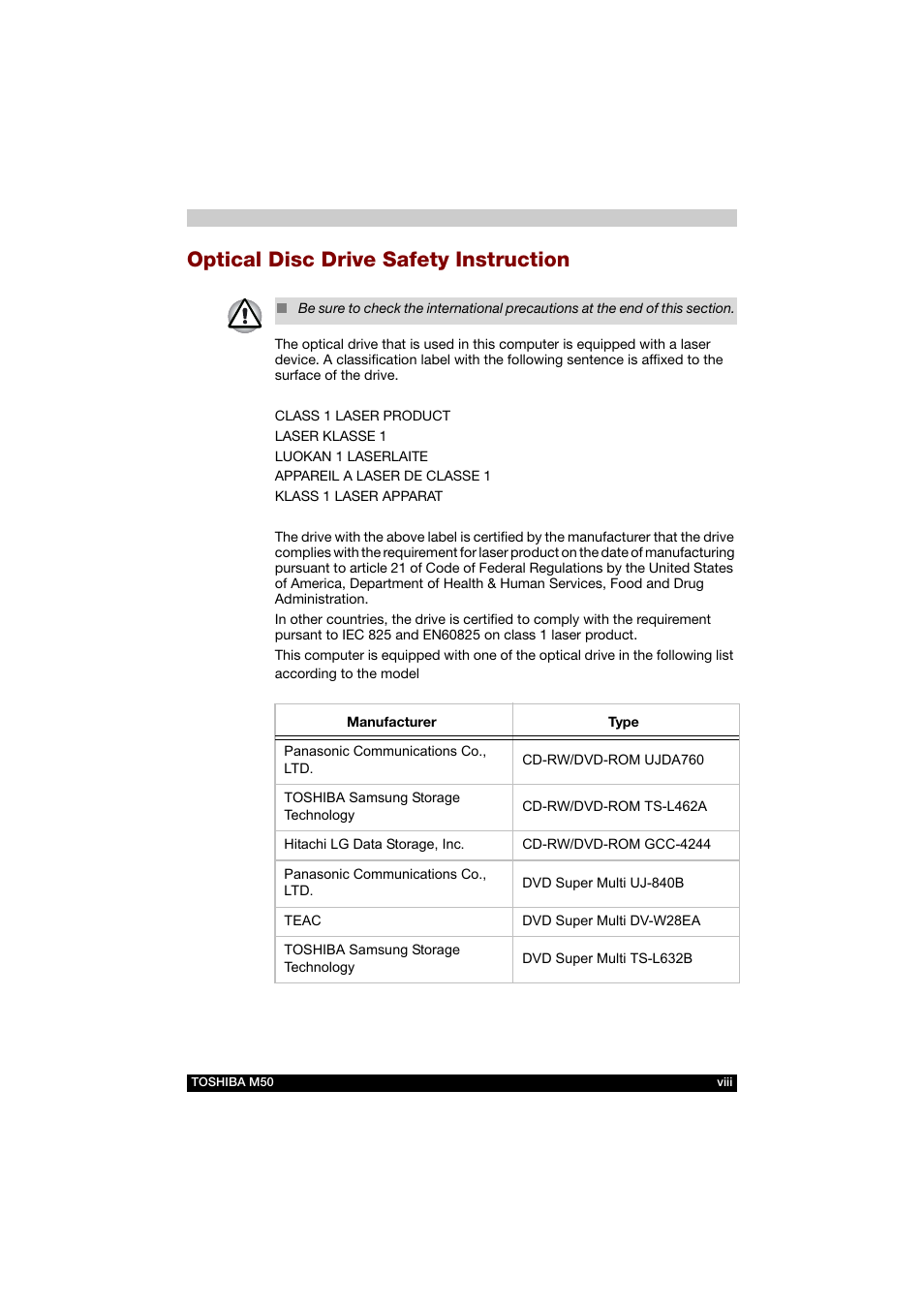 Optical disc drive safety instruction | Toshiba Satellite M50 (PSM53) User Manual | Page 8 / 179