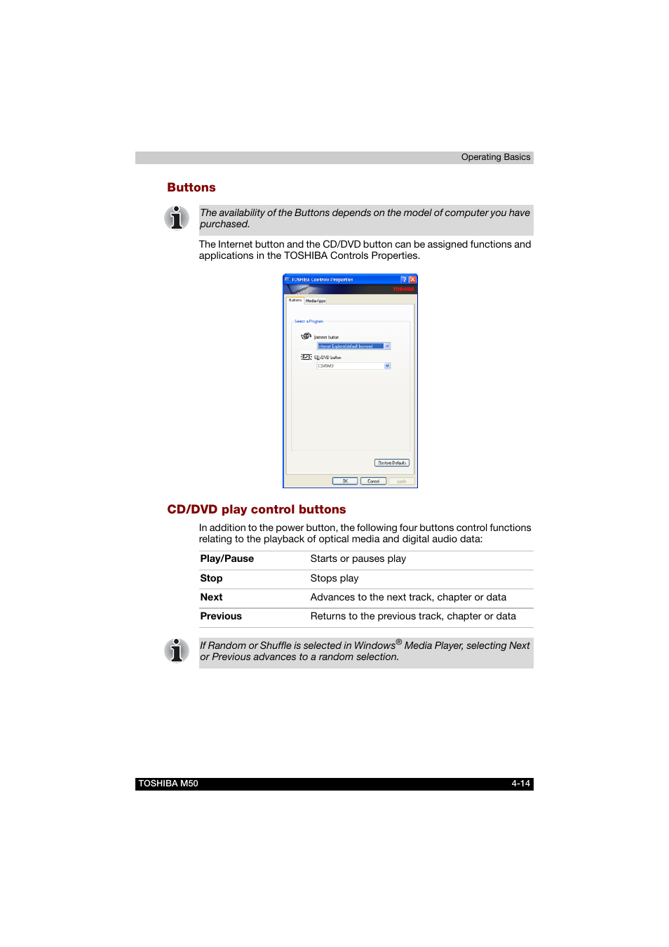 Buttons, Cd/dvd play control buttons | Toshiba Satellite M50 (PSM53) User Manual | Page 82 / 179