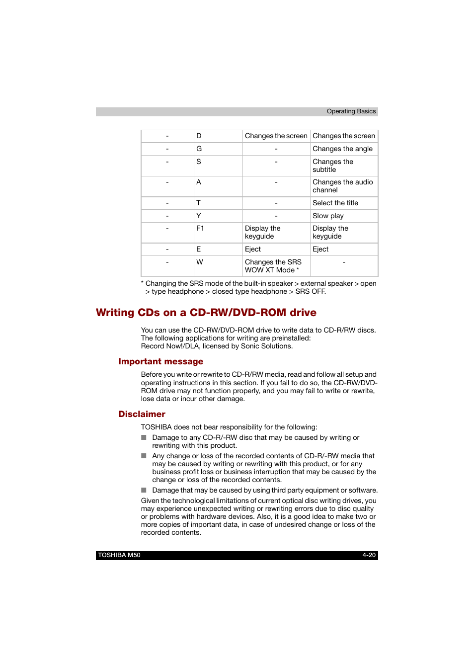 Writing cds on a cd-rw/dvd-rom drive, Important message, Disclaimer | Writing cds on a cd-rw/dvd-rom drive -20 | Toshiba Satellite M50 (PSM53) User Manual | Page 88 / 179