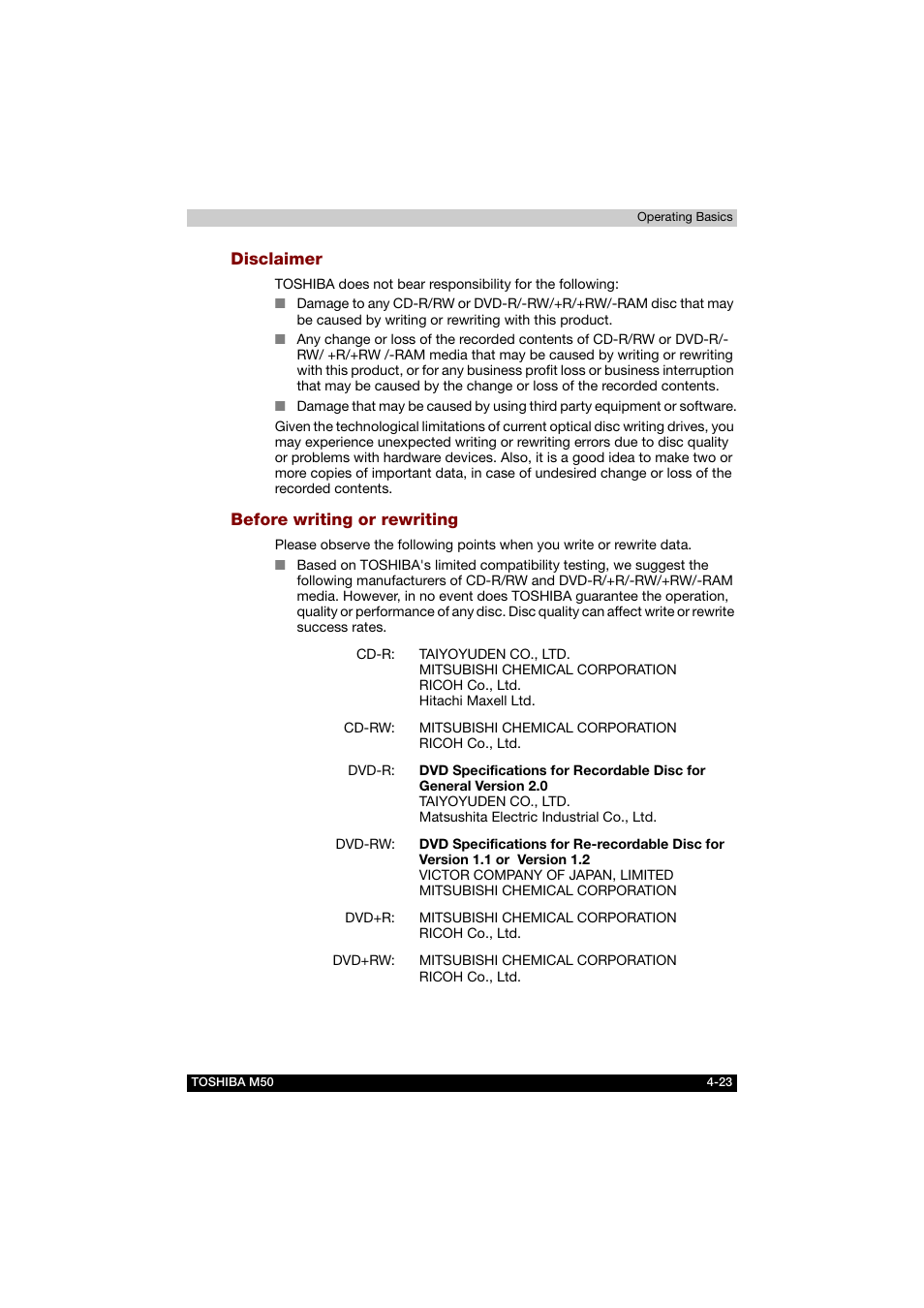 Disclaimer, Before writing or rewriting | Toshiba Satellite M50 (PSM53) User Manual | Page 91 / 179