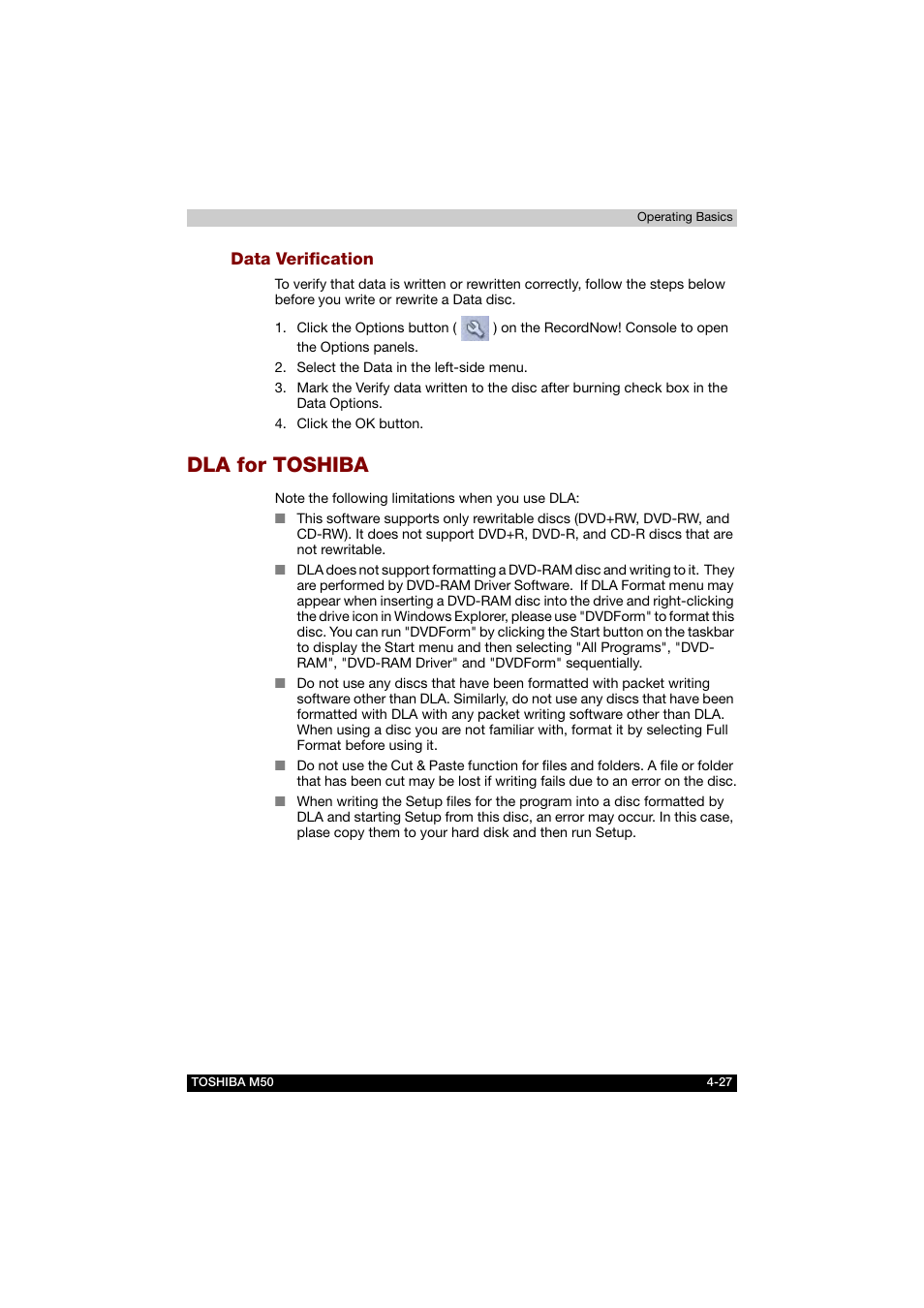 Data verification, Dla for toshiba, Dla for toshiba -27 | Toshiba Satellite M50 (PSM53) User Manual | Page 95 / 179