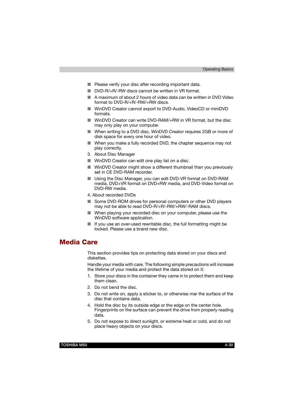 Media care, Media care -30 | Toshiba Satellite M50 (PSM53) User Manual | Page 98 / 179