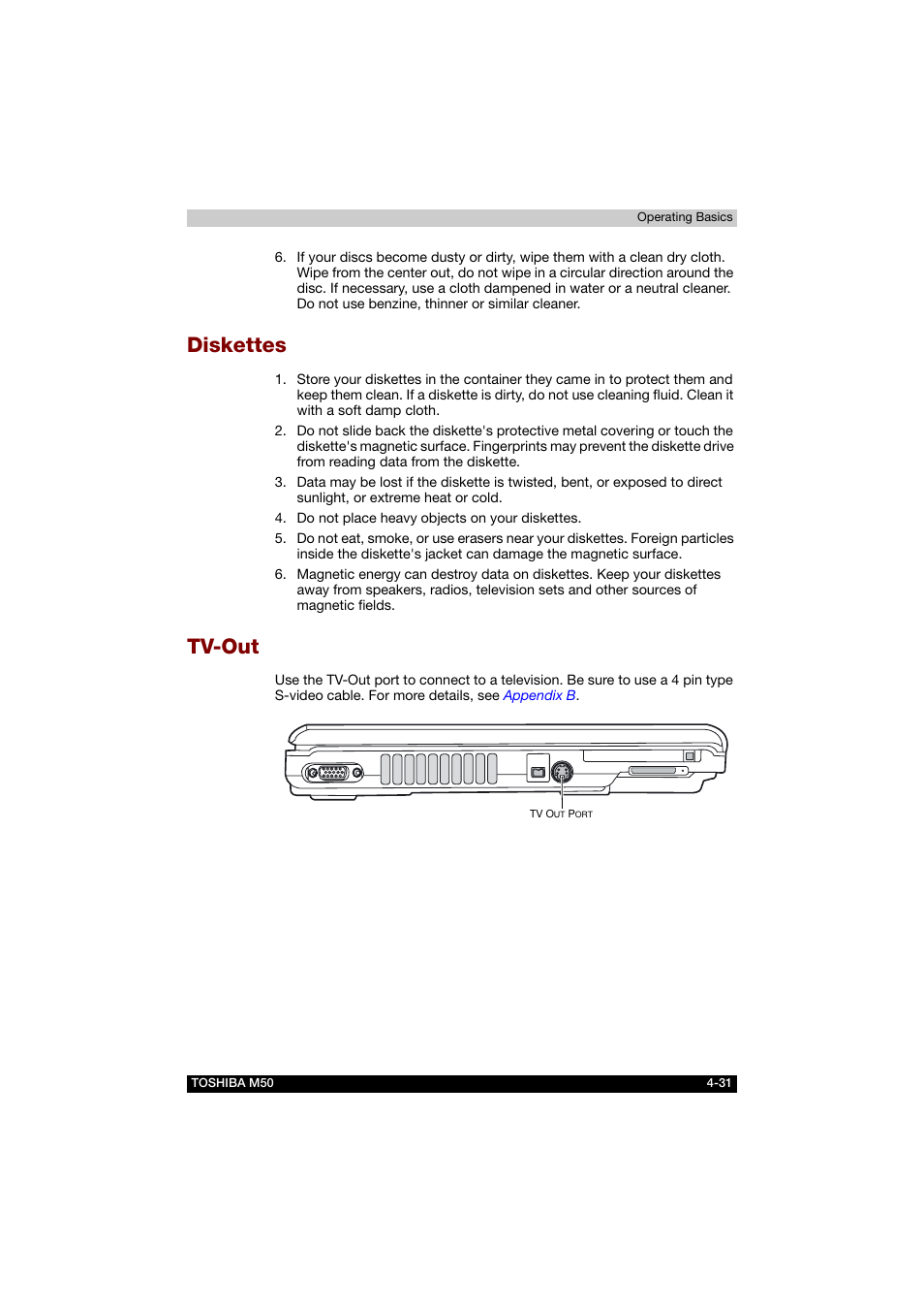 Diskettes, Tv-out, Diskettes -31 tv-out -31 | Toshiba Satellite M50 (PSM53) User Manual | Page 99 / 179