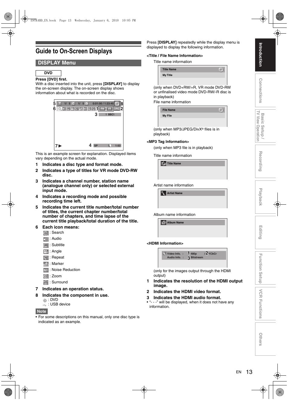 Guide to on-screen displays, Display menu | Toshiba DVR20 User Manual | Page 13 / 80