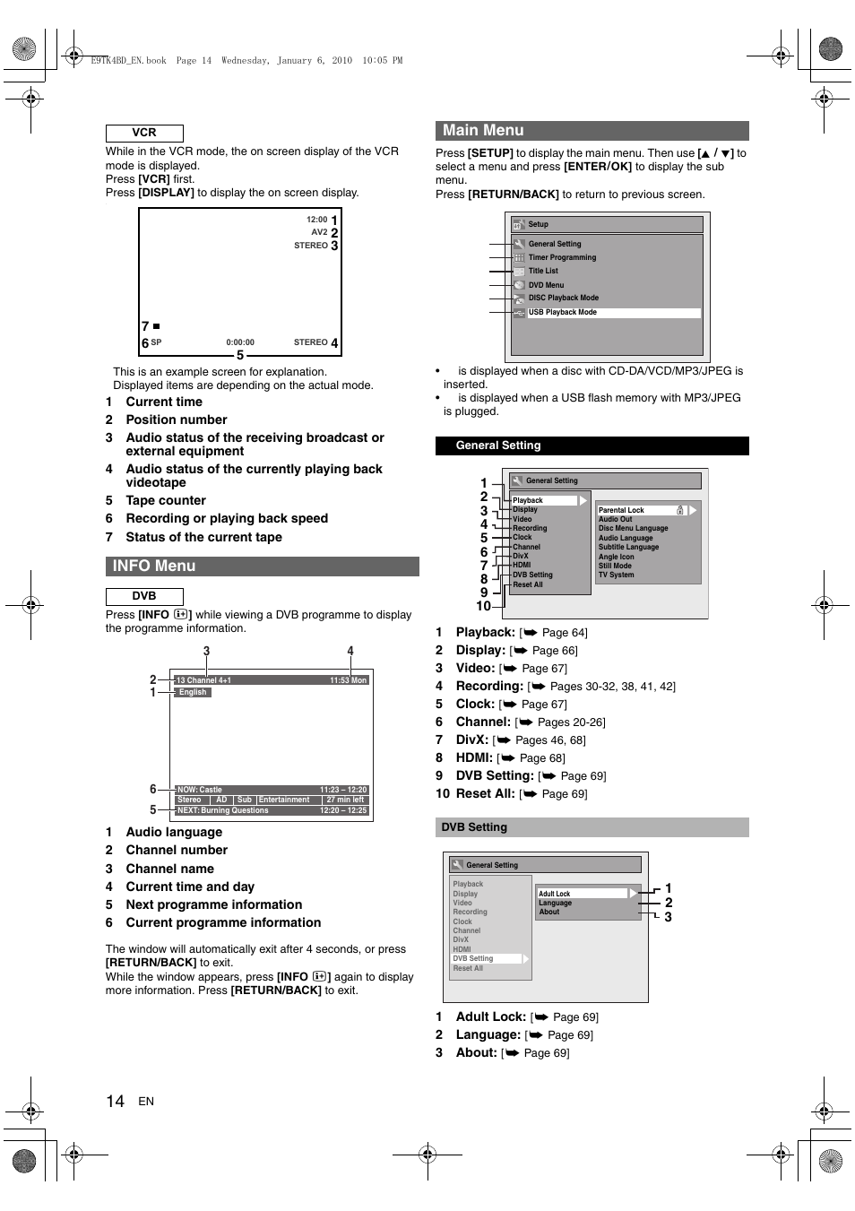 Info menu, Main menu | Toshiba DVR20 User Manual | Page 14 / 80