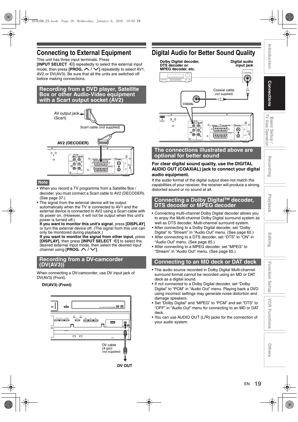 Connecting to external equipment, Digital audio for better sound quality | Toshiba DVR20 User Manual | Page 19 / 80