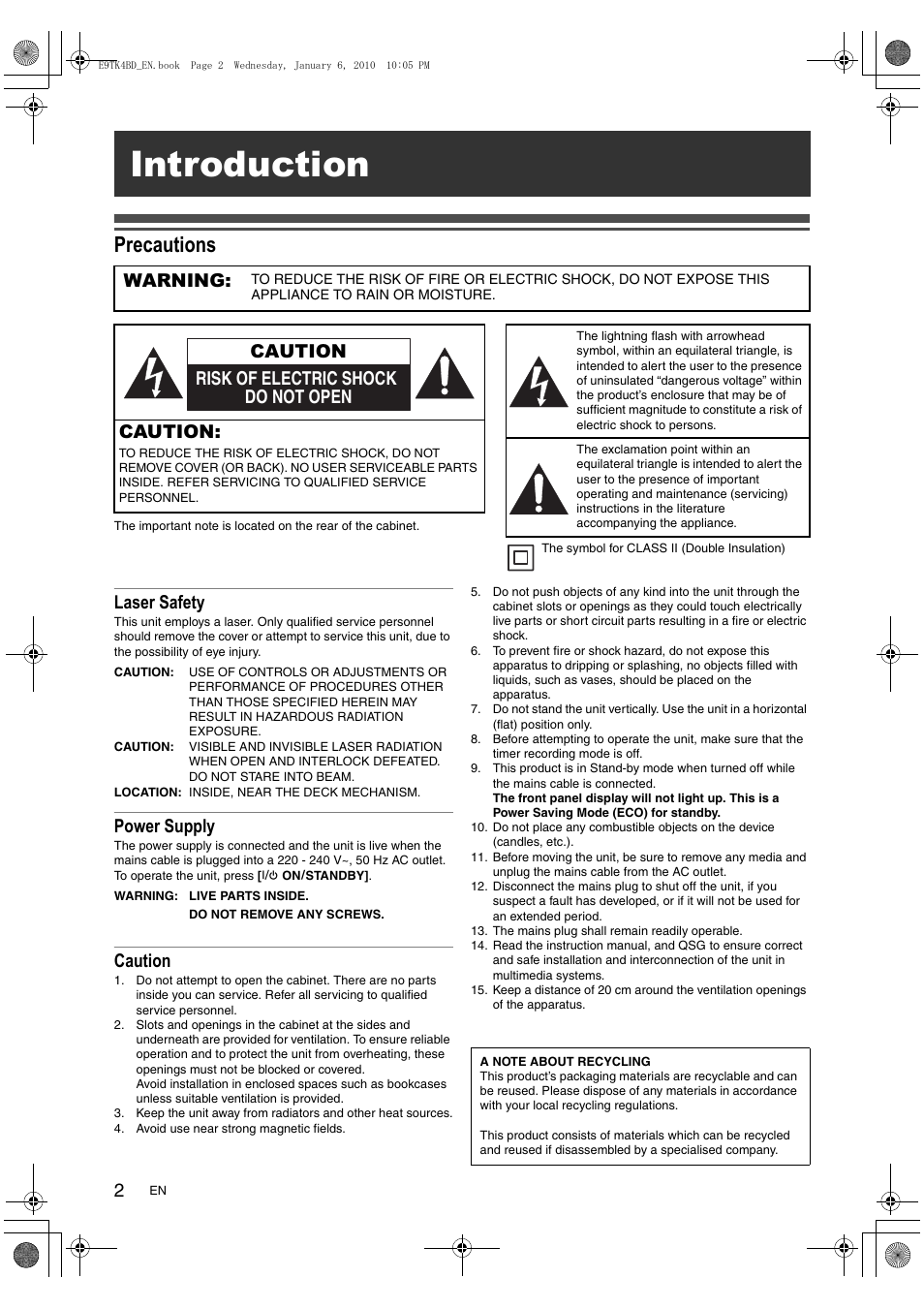 Introduction, Precautions, Laser safety | Power supply, Caution, Warning, Risk of electric shock do not open caution | Toshiba DVR20 User Manual | Page 2 / 80