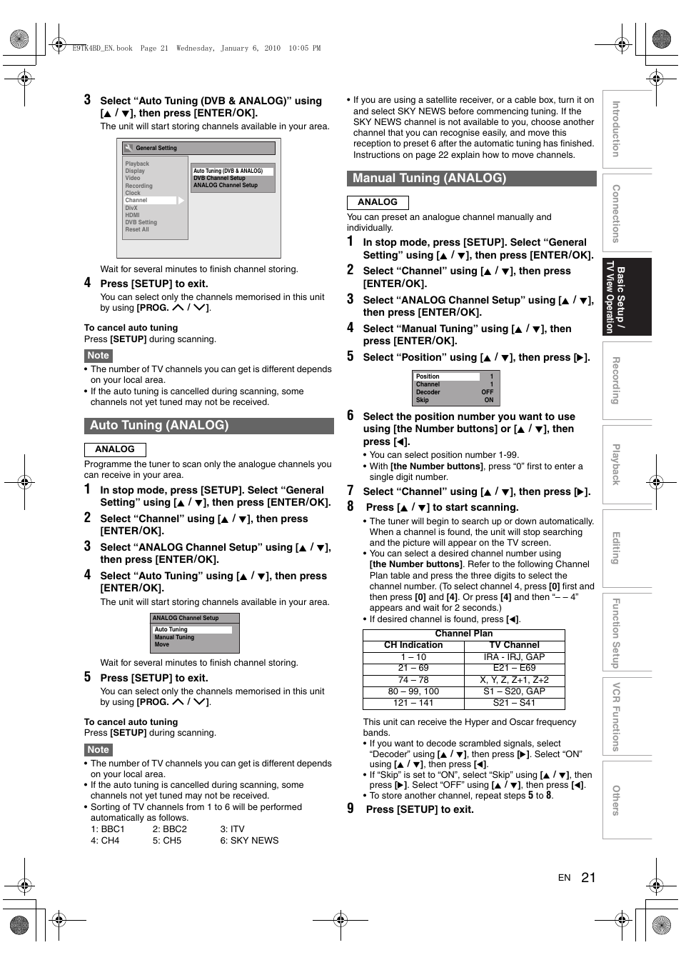 Auto tuning (analog), Manual tuning (analog) | Toshiba DVR20 User Manual | Page 21 / 80