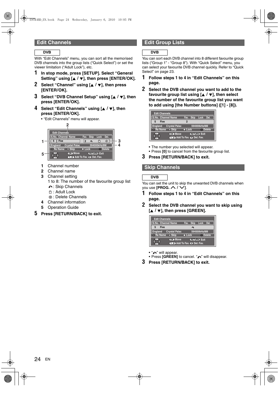 Edit channels, Edit group lists, Skip channels | Toshiba DVR20 User Manual | Page 24 / 80