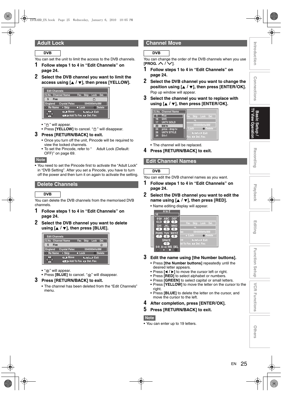 Adult lock, Delete channels, Channel move | Edit channel names | Toshiba DVR20 User Manual | Page 25 / 80