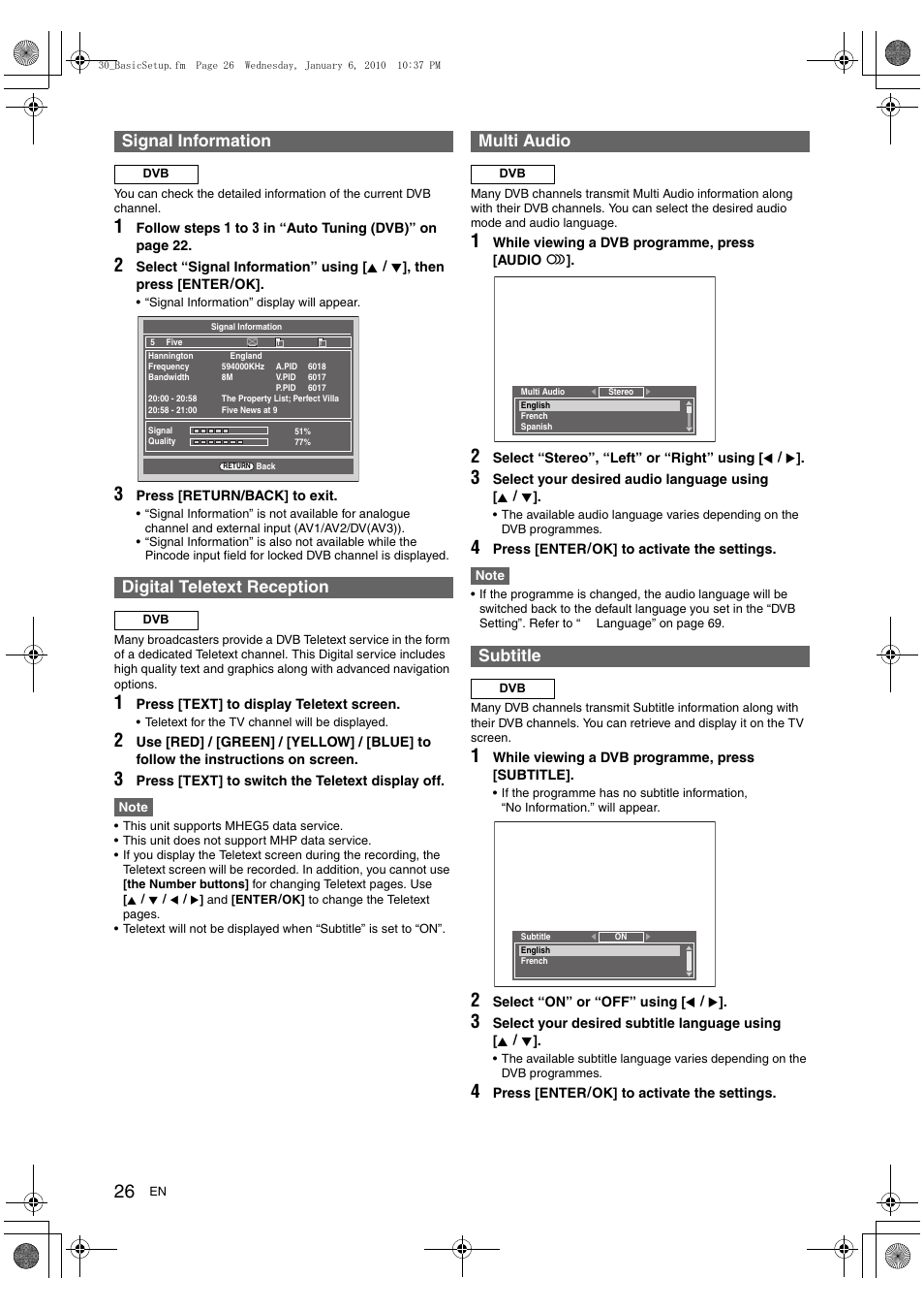 Signal information, Digital teletext reception, Multi audio | Subtitle | Toshiba DVR20 User Manual | Page 26 / 80