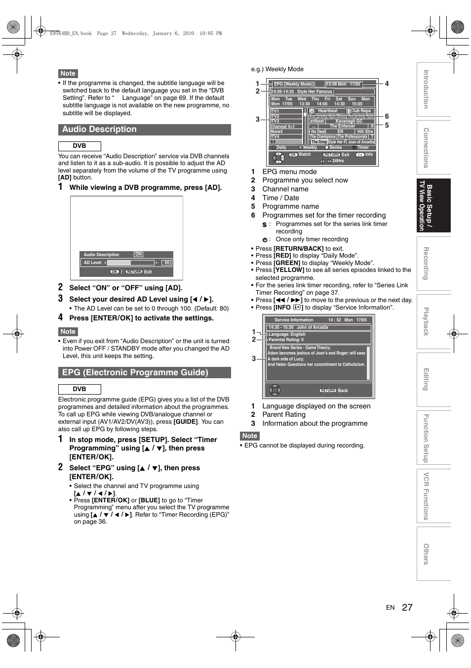 Audio description, Epg (electronic programme guide) | Toshiba DVR20 User Manual | Page 27 / 80