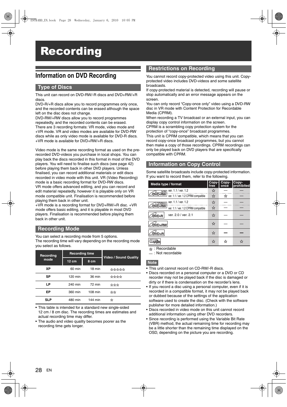 Recording, Information on dvd recording, Type of discs recording mode | Toshiba DVR20 User Manual | Page 28 / 80