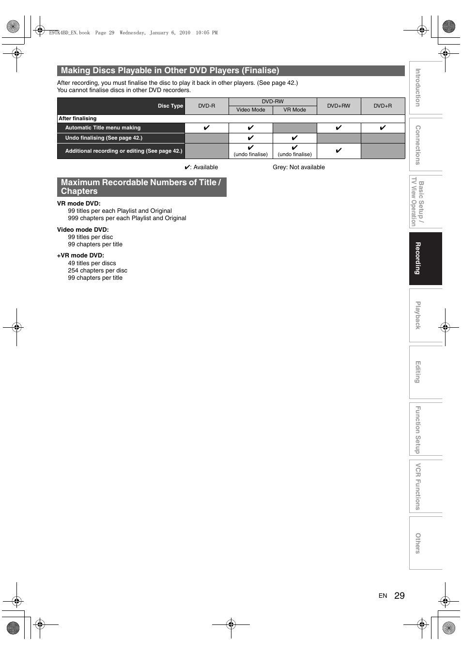 Maximum recordable numbers of title / chapters | Toshiba DVR20 User Manual | Page 29 / 80