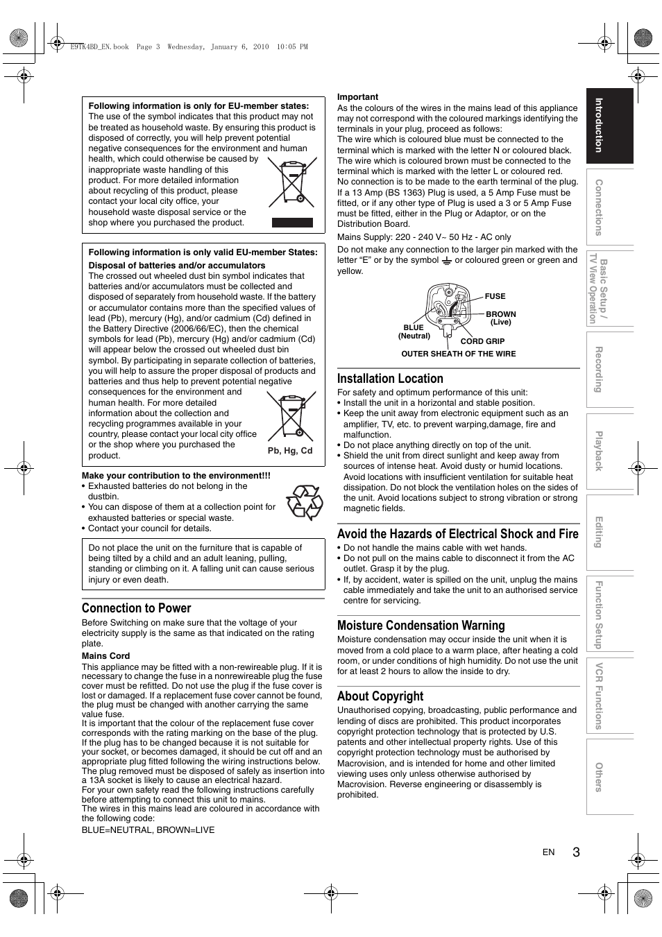 Connection to power, Installation location, Avoid the hazards of electrical shock and fire | Moisture condensation warning, About copyright | Toshiba DVR20 User Manual | Page 3 / 80