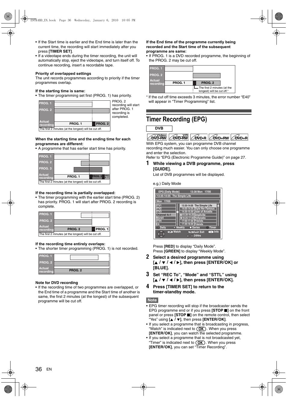 Timer recording (epg) | Toshiba DVR20 User Manual | Page 36 / 80