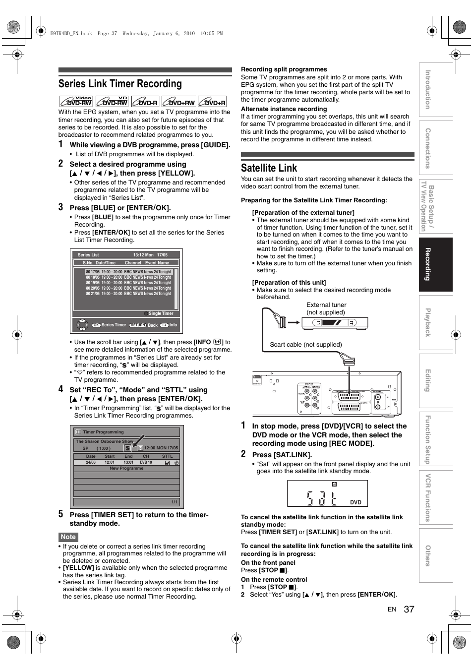 Series link timer recording, Satellite link | Toshiba DVR20 User Manual | Page 37 / 80