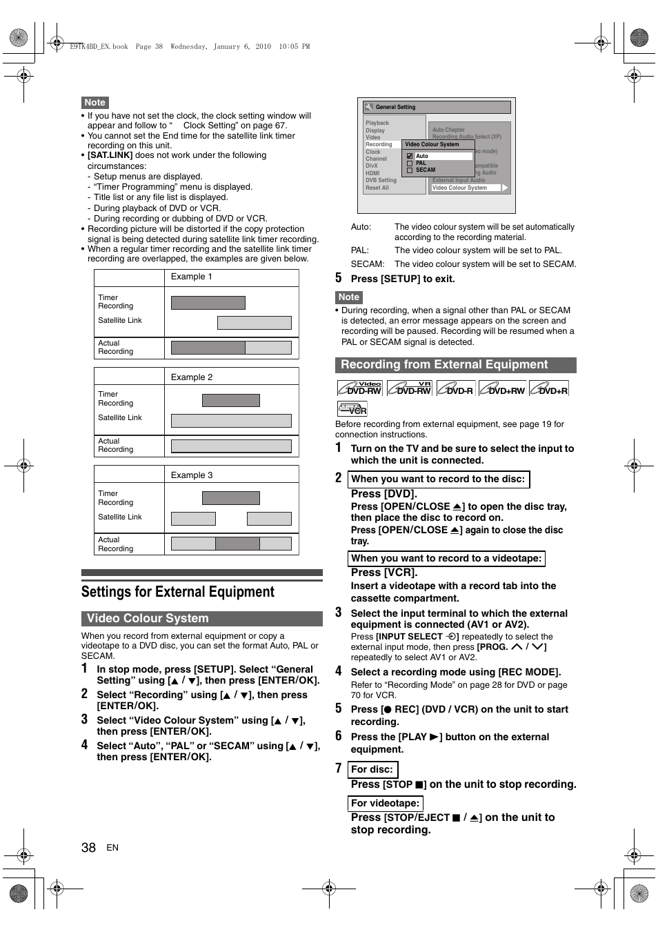 Settings for external equipment, Video colour system, Recording from external equipment | Toshiba DVR20 User Manual | Page 38 / 80