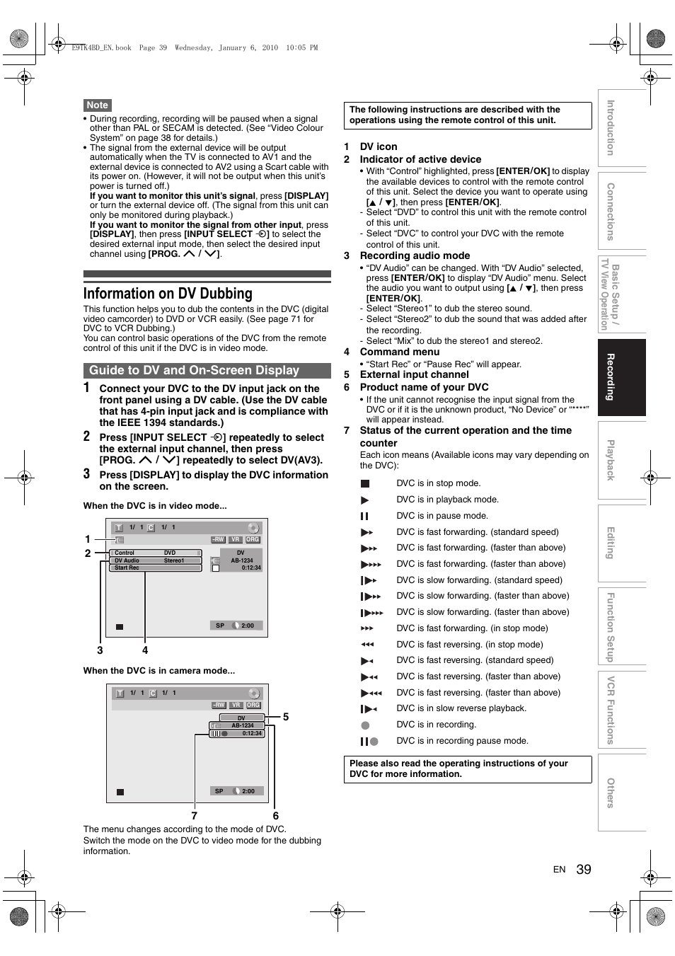 Information on dv dubbing, Guide to dv and on-screen display | Toshiba DVR20 User Manual | Page 39 / 80