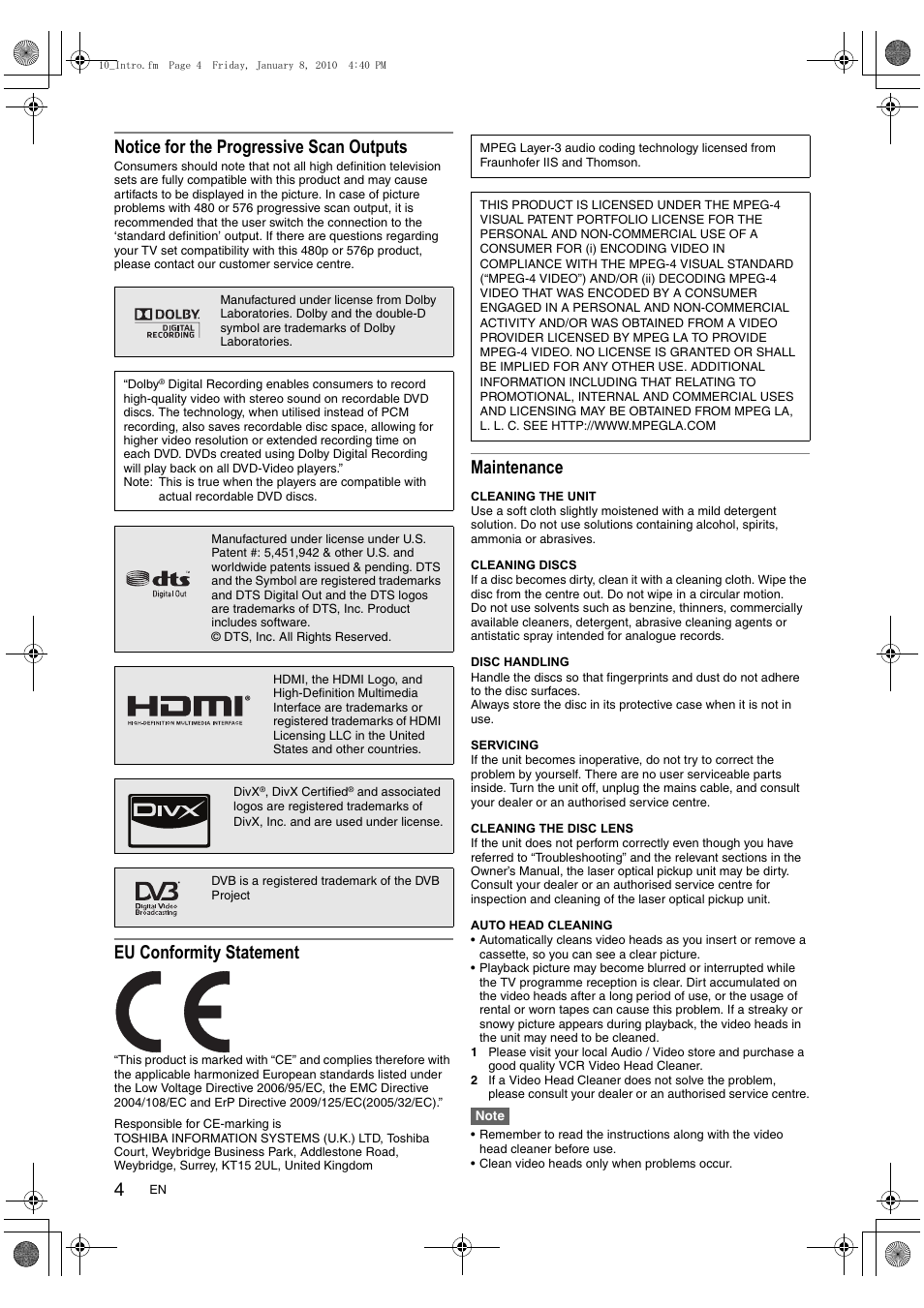 Notice for the progressive scan outputs, Eu conformity statement, Maintenance | Toshiba DVR20 User Manual | Page 4 / 80