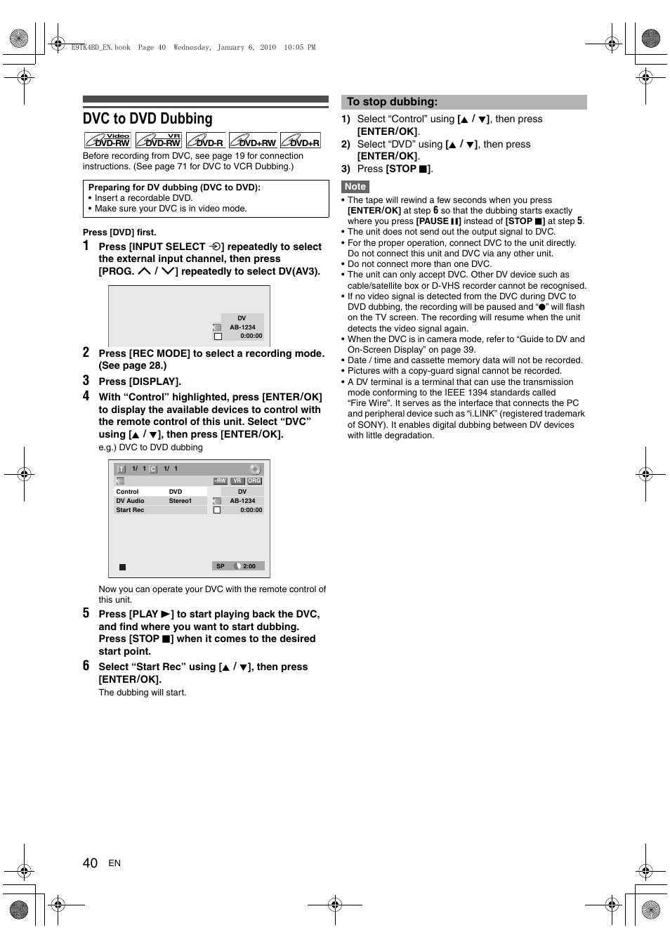 Dvc to dvd dubbing | Toshiba DVR20 User Manual | Page 40 / 80