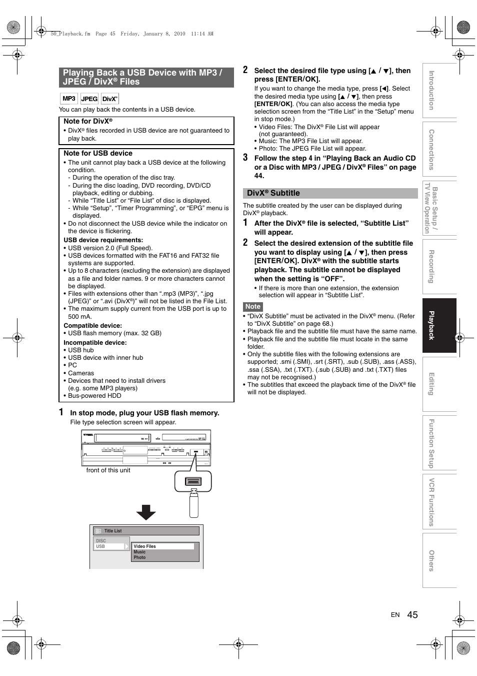 Playing back a usb device with mp3 / jpeg / divx, Files | Toshiba DVR20 User Manual | Page 45 / 80