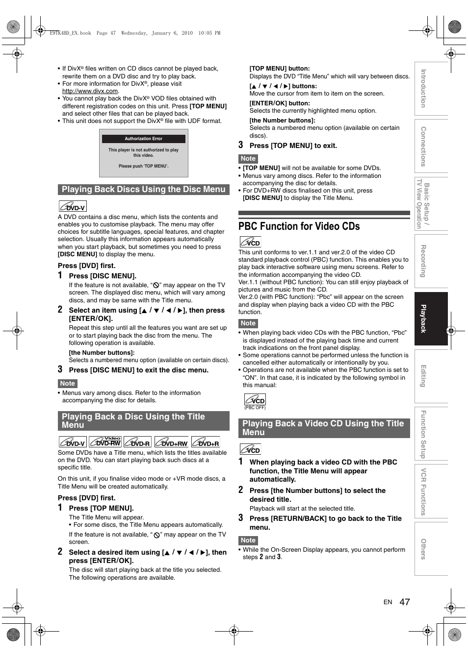 Pbc function for video cds, Playing back a video cd using the title menu | Toshiba DVR20 User Manual | Page 47 / 80